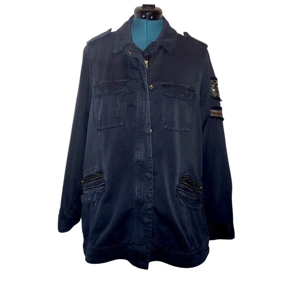 Torrid Jean Jacket Womens Size 2 Black Denim Long Moto Beaded Fray Biker Punk